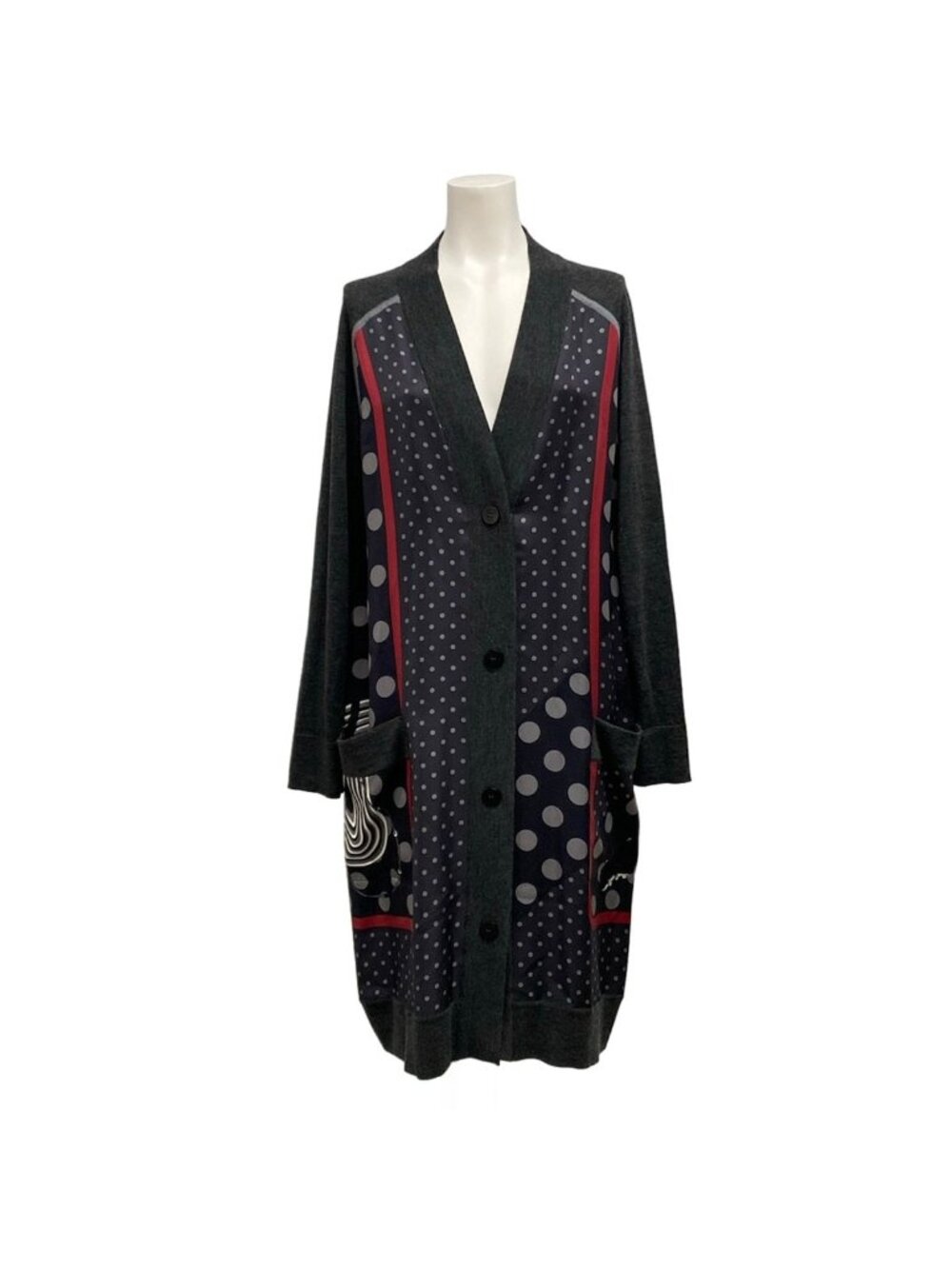 Hermes Cardigan Dark Gray Black Red Clic Clac a Pois Long Length Cashmere